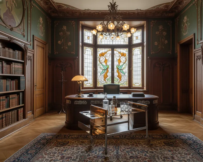 chariot-bar ancien des années 60 avec bouteilles et verres