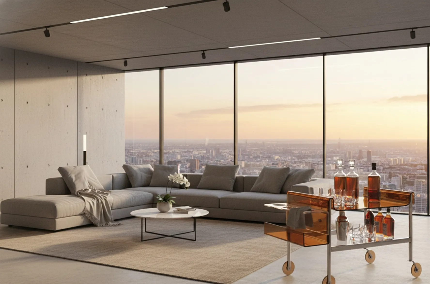 60年代の古いバーカート、スタイリッシュな環境に瓶とグラスが配置されています。