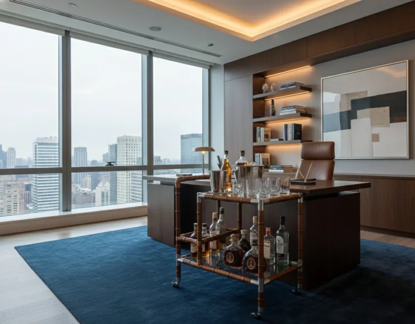 Antique cocktail trolley in a modern office with beverages