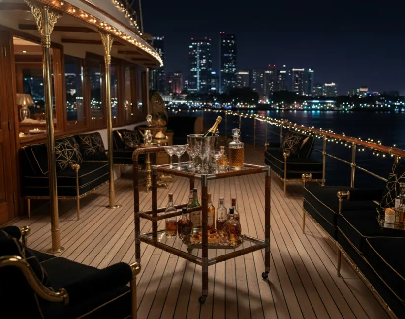 Mesa carrito antigua con bebidas y copas en un ambiente elegante