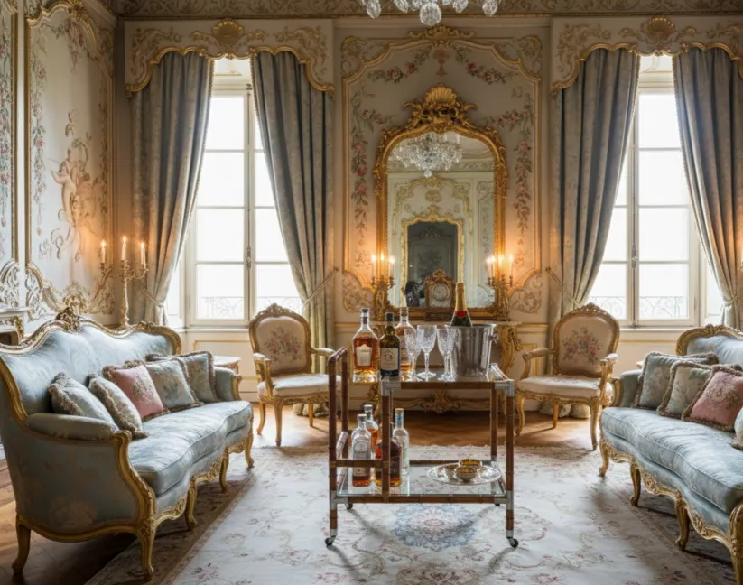 प्राचीन कॉकटेल ट्रॉली एक अच्छे लिविंग रूम में चेयर्स और आईने के साथ।