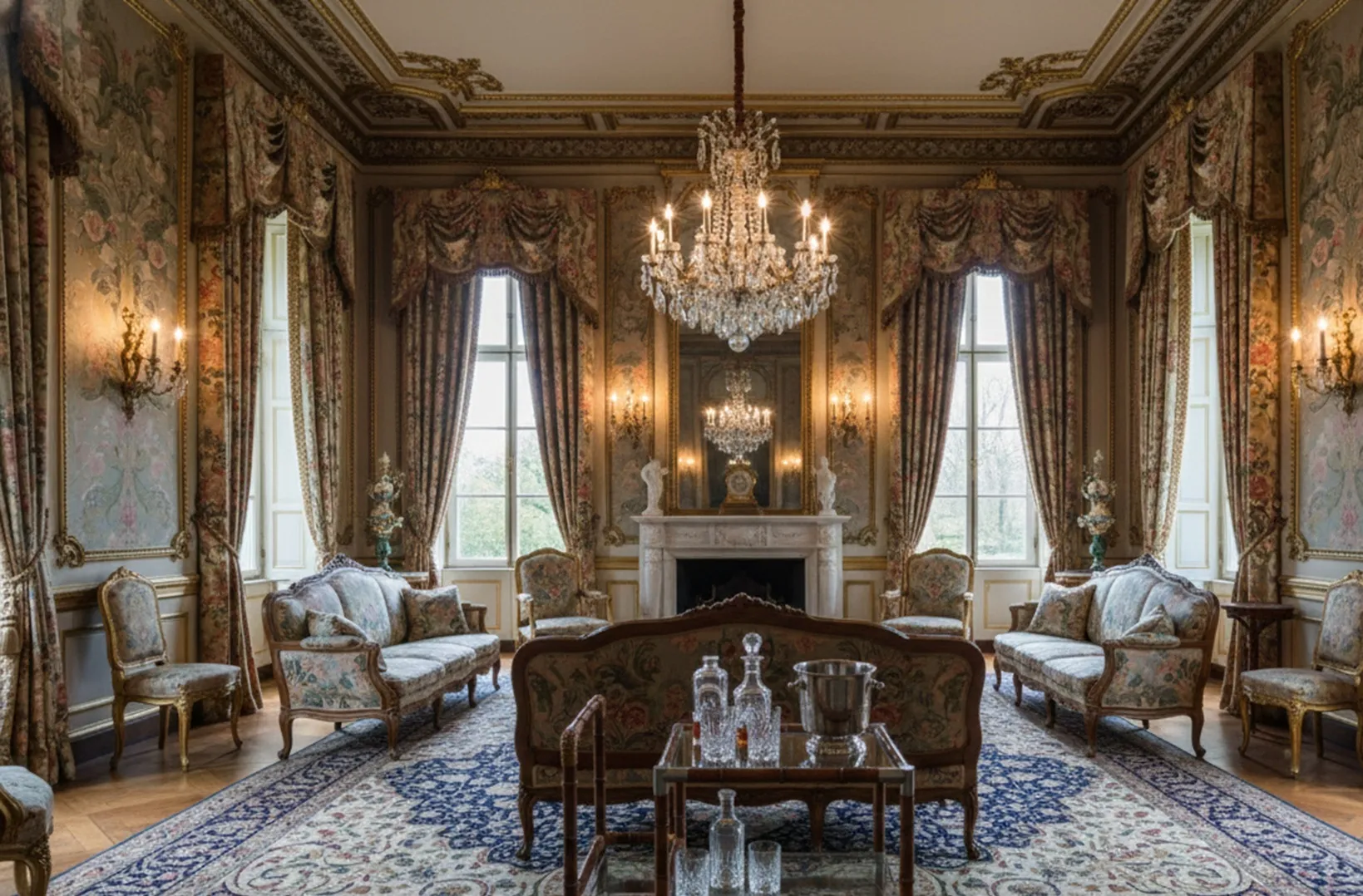 antique cocktail trolley in an elegant living room with chandeliers