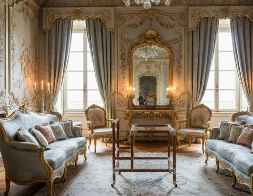 古典手推桌位于装饰精美的优雅房间中。