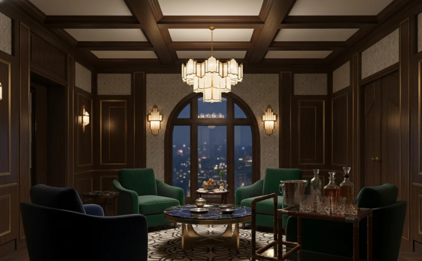 carrello per cocktail antico decorato con elementi da bar e atmosfera elegante, vista della città