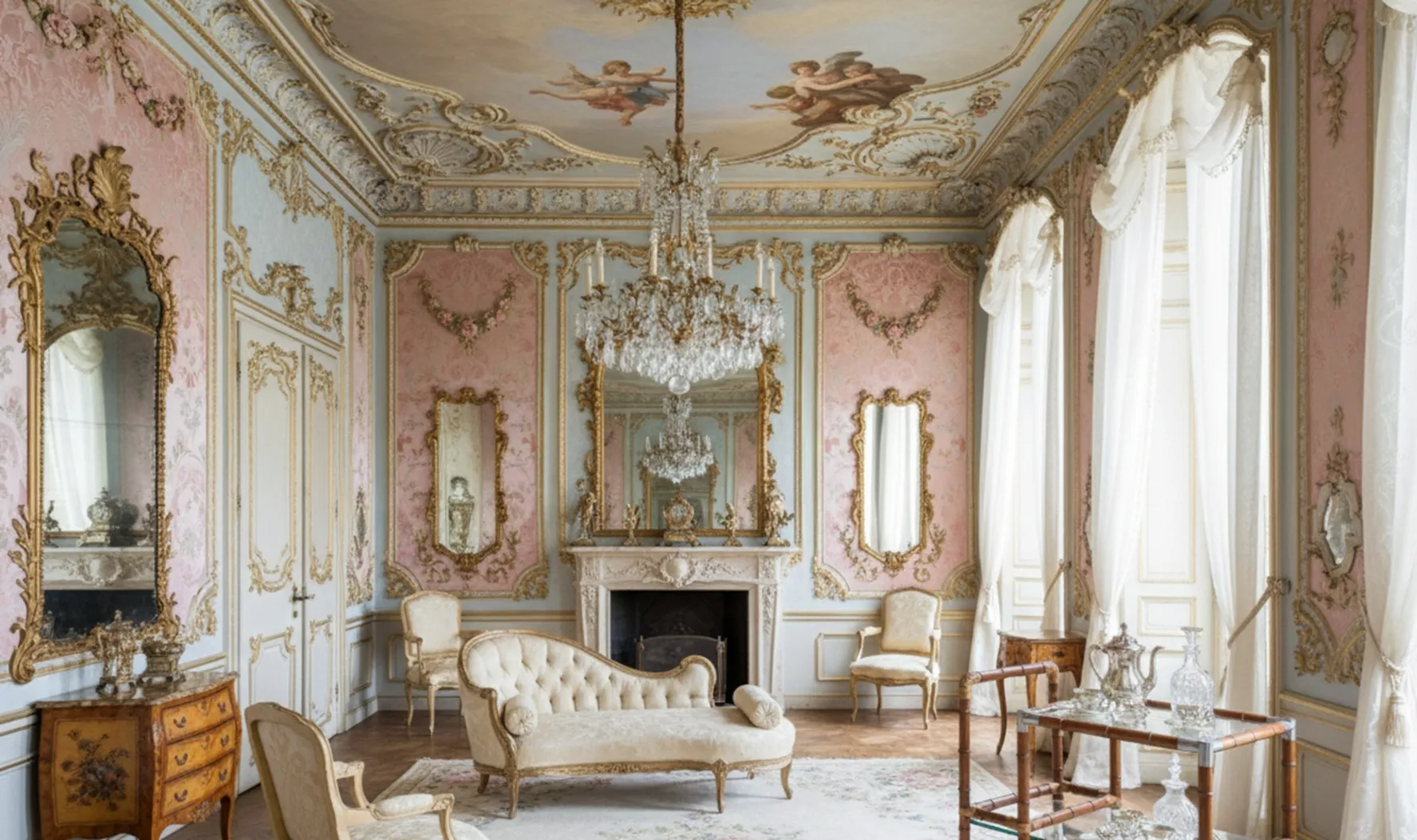 एलिगेंट लिविंग रूम में सजावटी तत्वों के साथ प्राचीन कॉकटेल ट्रॉली