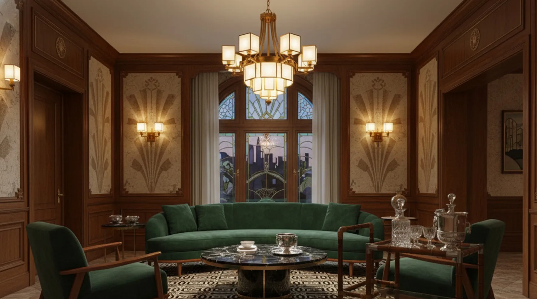 Antique cocktail trolley in William Billy Haines style, set in an elegant room with green chairs and wall lamps.