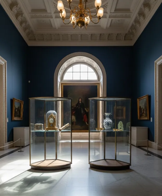 due vetrine antiche art deco in un museo con decorazioni classiche