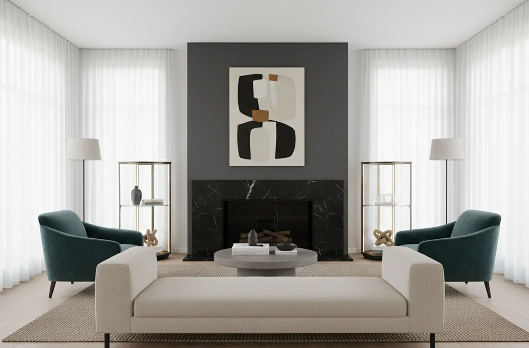 dos vitrinas antiguas art deco en un salón moderno