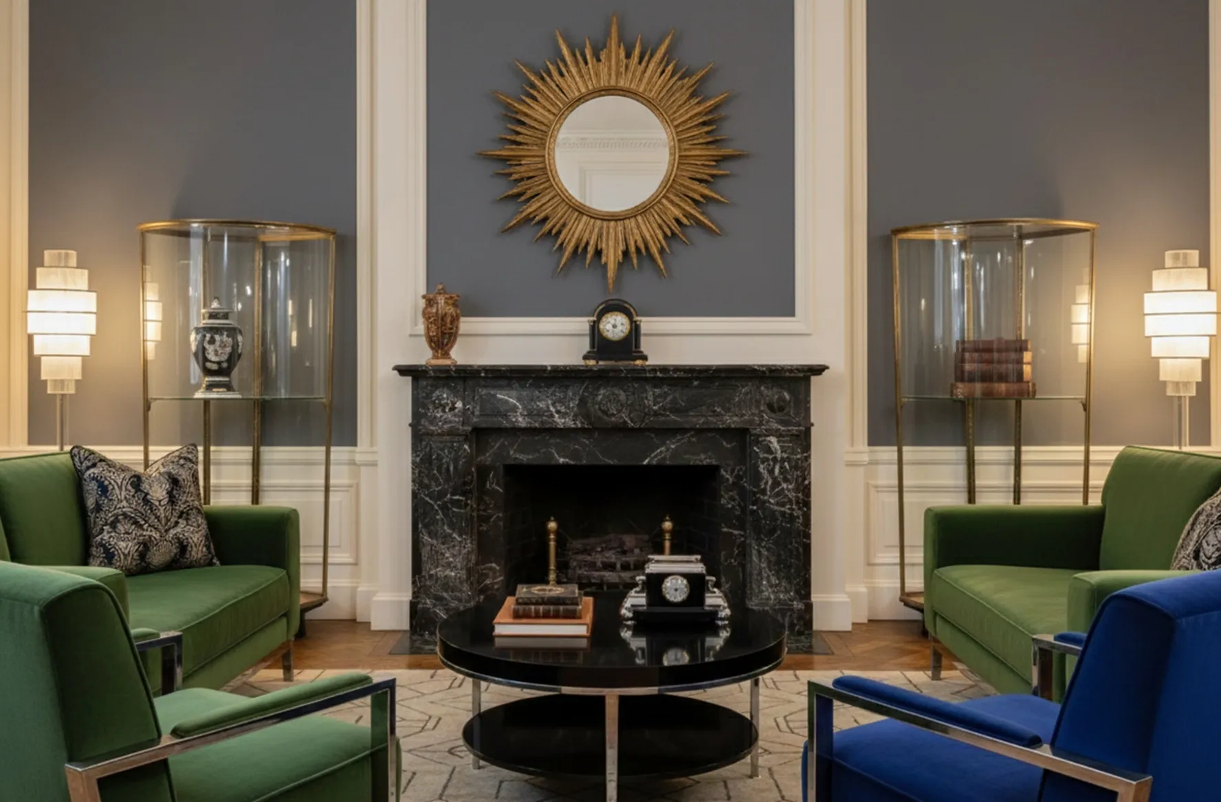 duas vitrines antigas art deco em um ambiente elegante