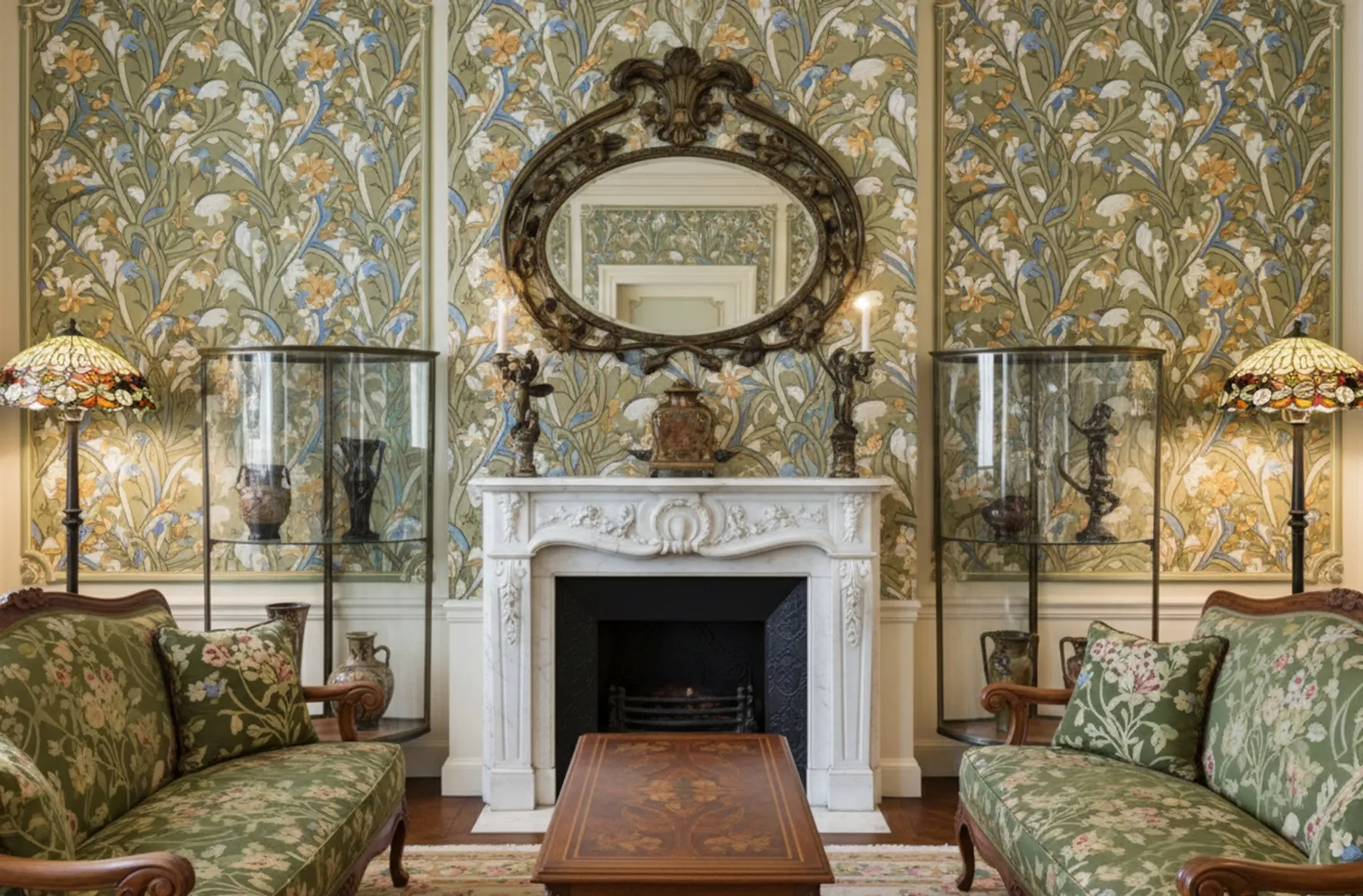 Due vetrine antiche art deco in un ambiente elegante con uno specchio e lampade