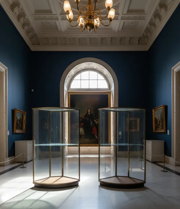 Deux vitrines anciennes art deco dans une salle avec des tableaux et un chandelier doré.