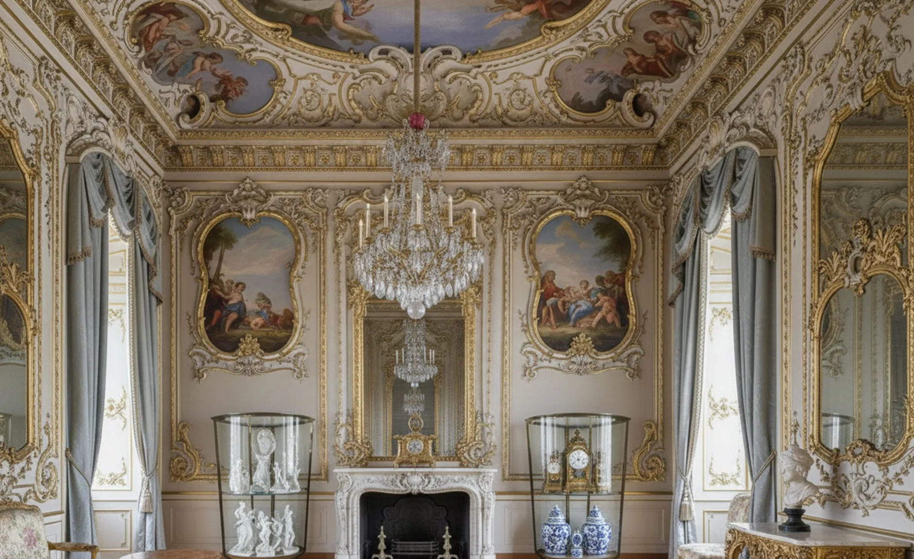 duas vitrines antigas art deco em uma sala elegante, exibindo itens decorativos