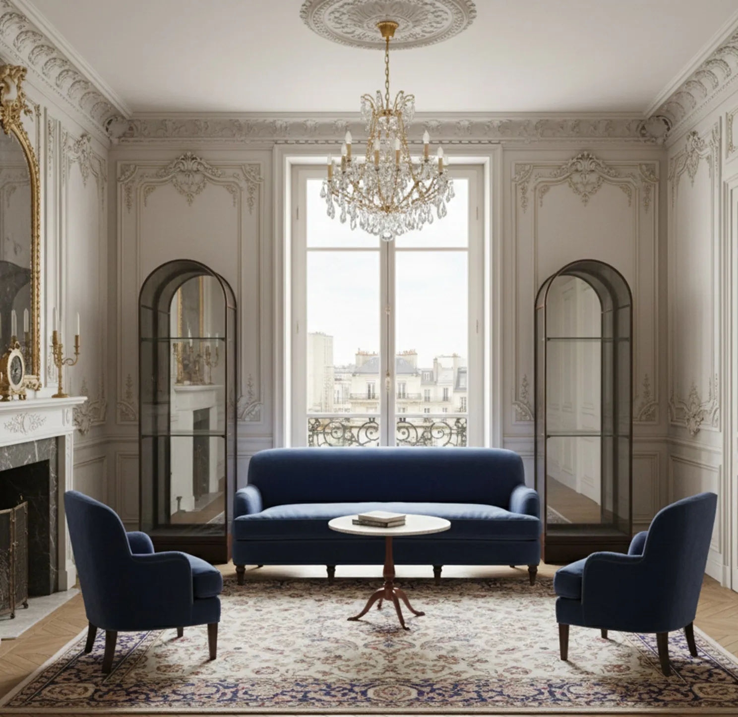 Two antique display cabinets in an elegant living room with a blue sofa and white table