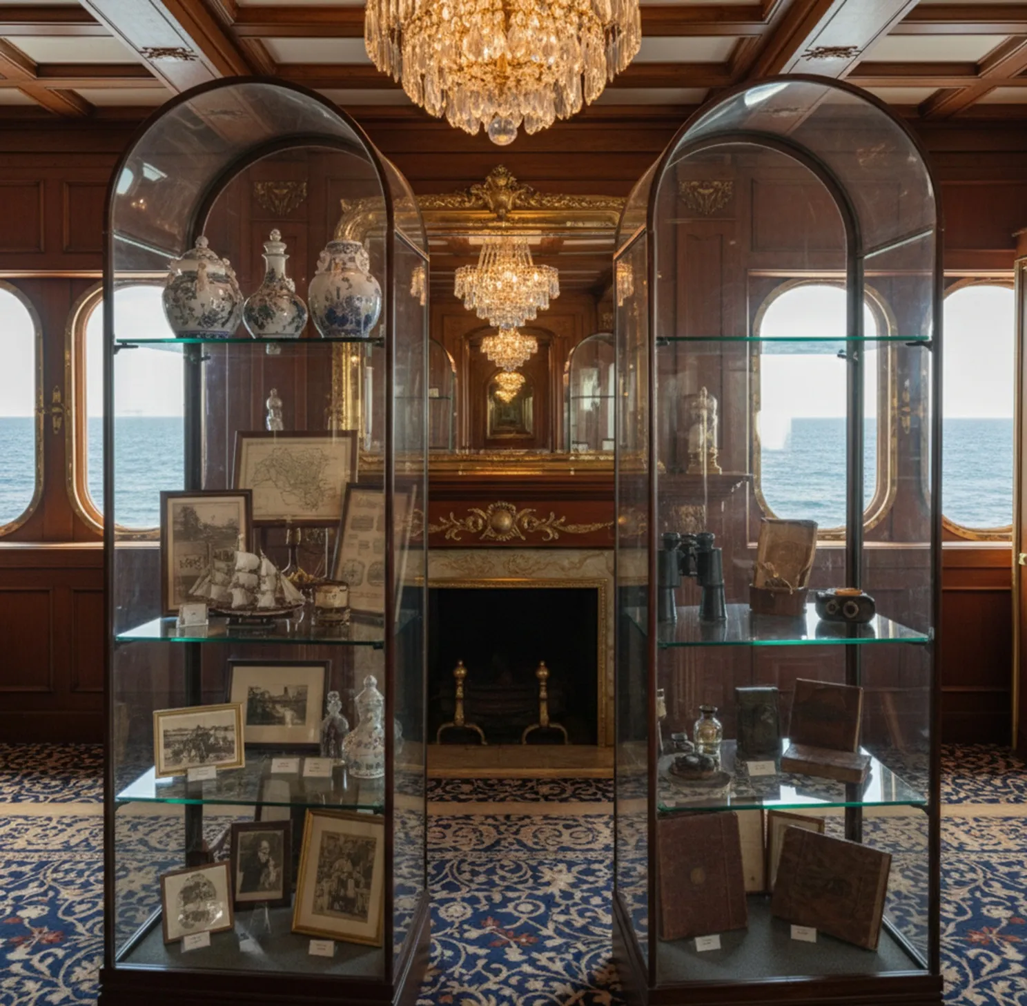 Vitrines anciennes dans un cadre élégant avec des objets décoratifs