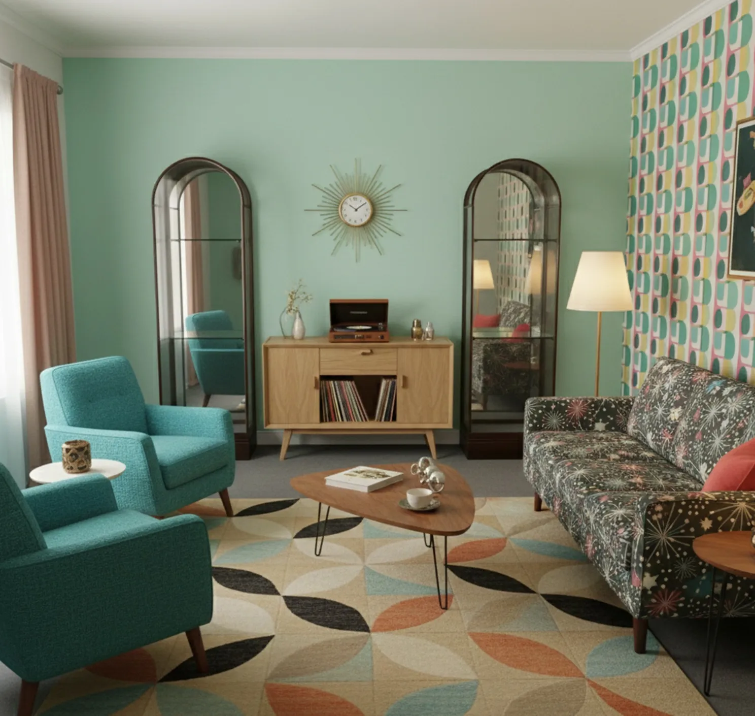 Antique display cabinets enhancing a colorful living room.