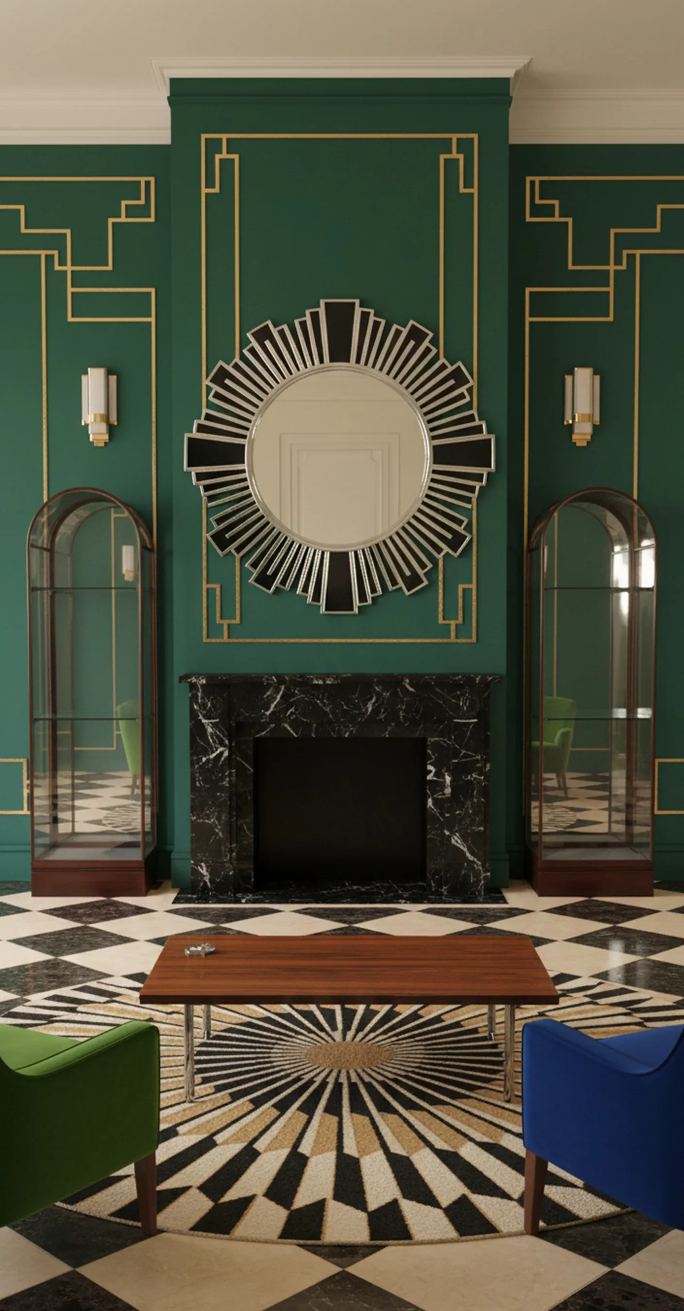 2 antique display cabinets with glass in an elegant green-walled room