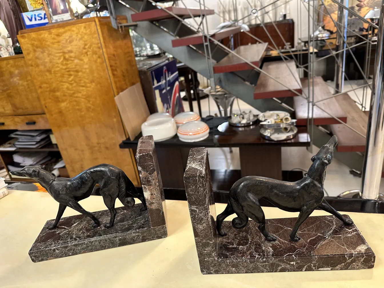 set of bookends with elegant dog design in vintage setting