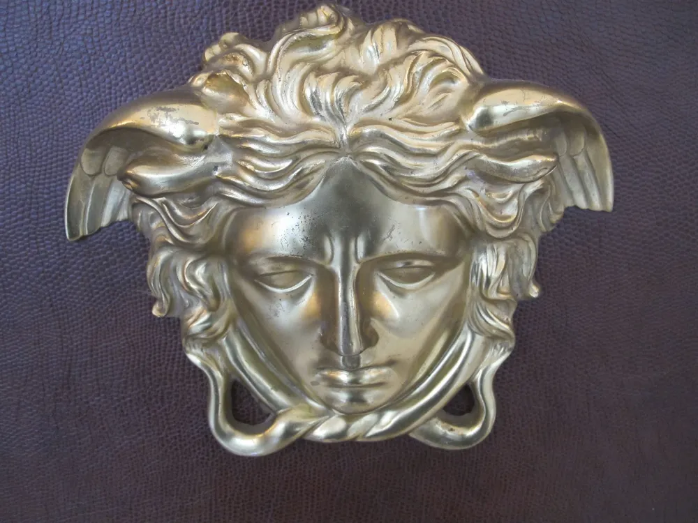 Testa decorativa in rilievo con dettagli stilizzati, parte di una libreria antica