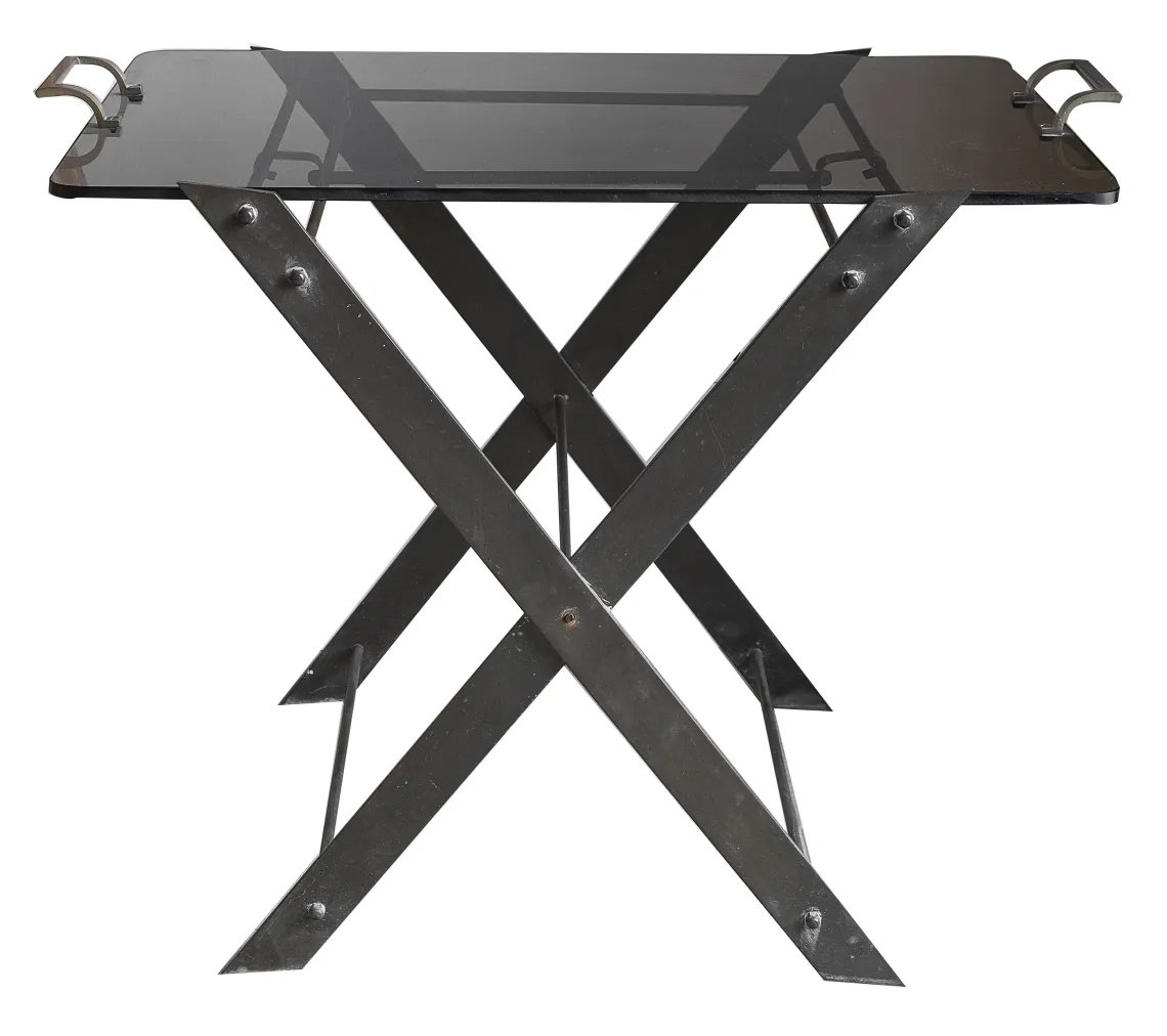 antique table with black top and crossed legs, art deco style