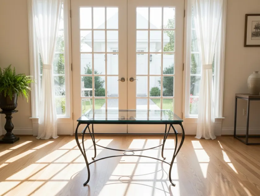Mesa antigua en un ambiente luminoso con ventanas grandes, rodeada de plantas