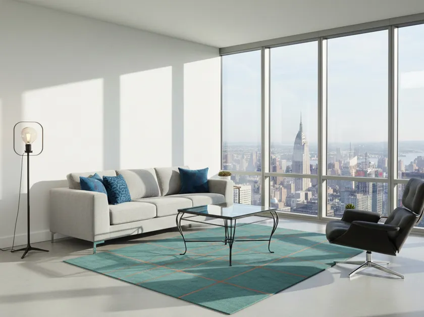 Mesa antiga em um ambiente moderno com vista urbana