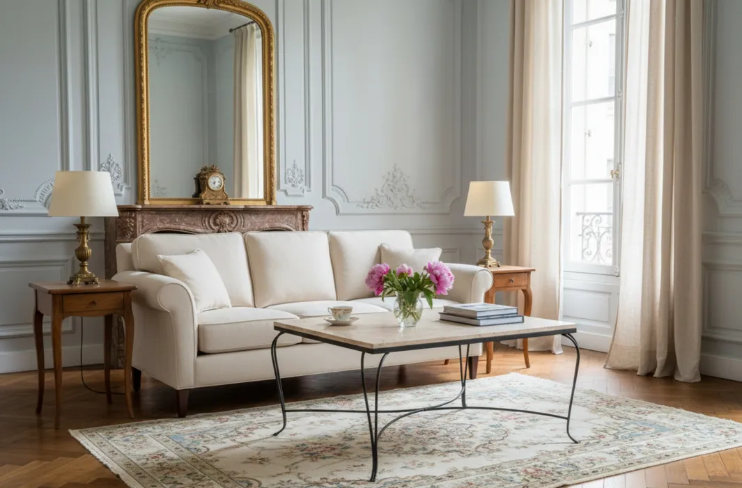 Antiker Gartentisch mit Blumen und eleganter Dekoration