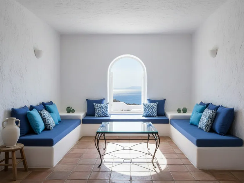 Mesa antiga central em um ambiente iluminado com almofadas azuis e vista para o mar