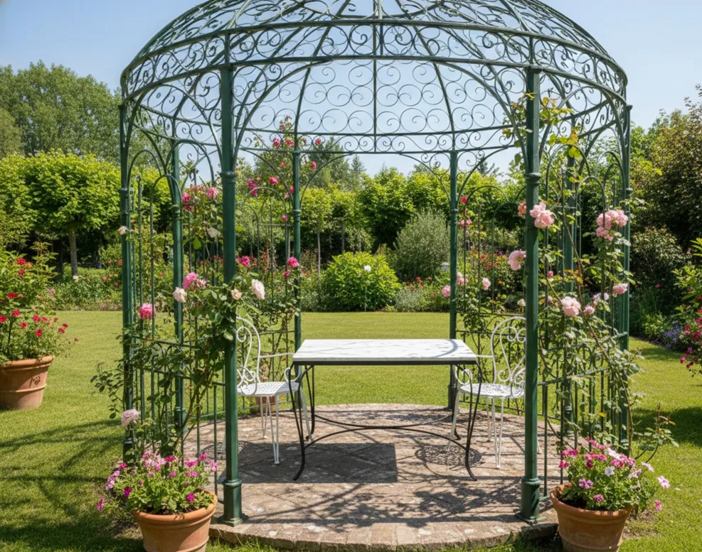 Un antiguo conjunto de mesa y sillas de jardín rodeado de flores