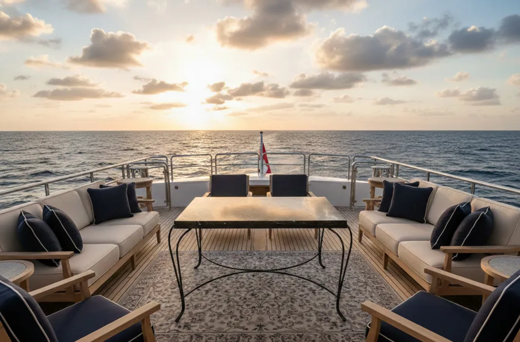 antique garden table in front of sea at sunset