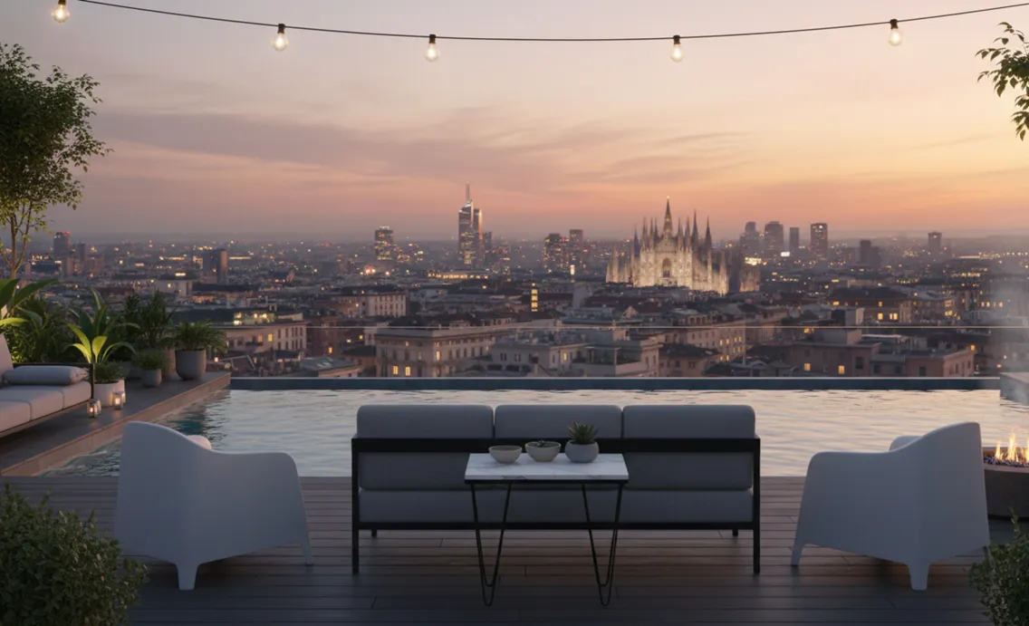 Alter Gartentisch mit Panoramablick, umgeben von Pflanzen