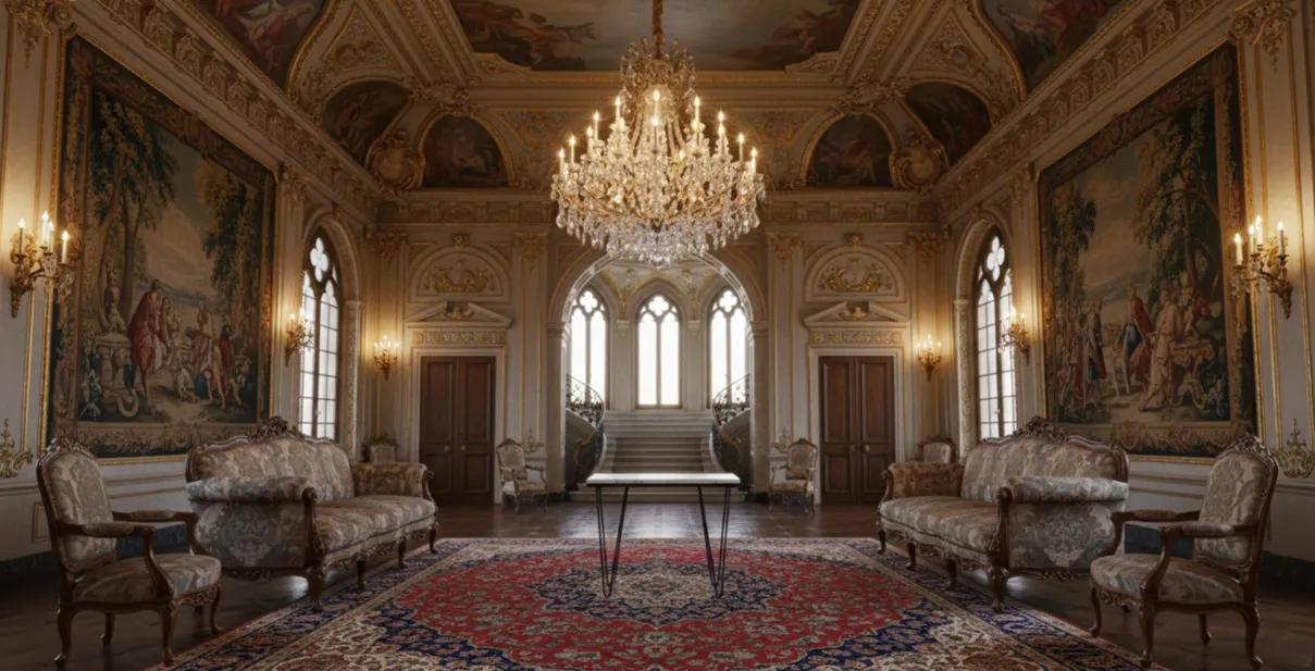 Mesa antiga em um ambiente elegante com candelabros