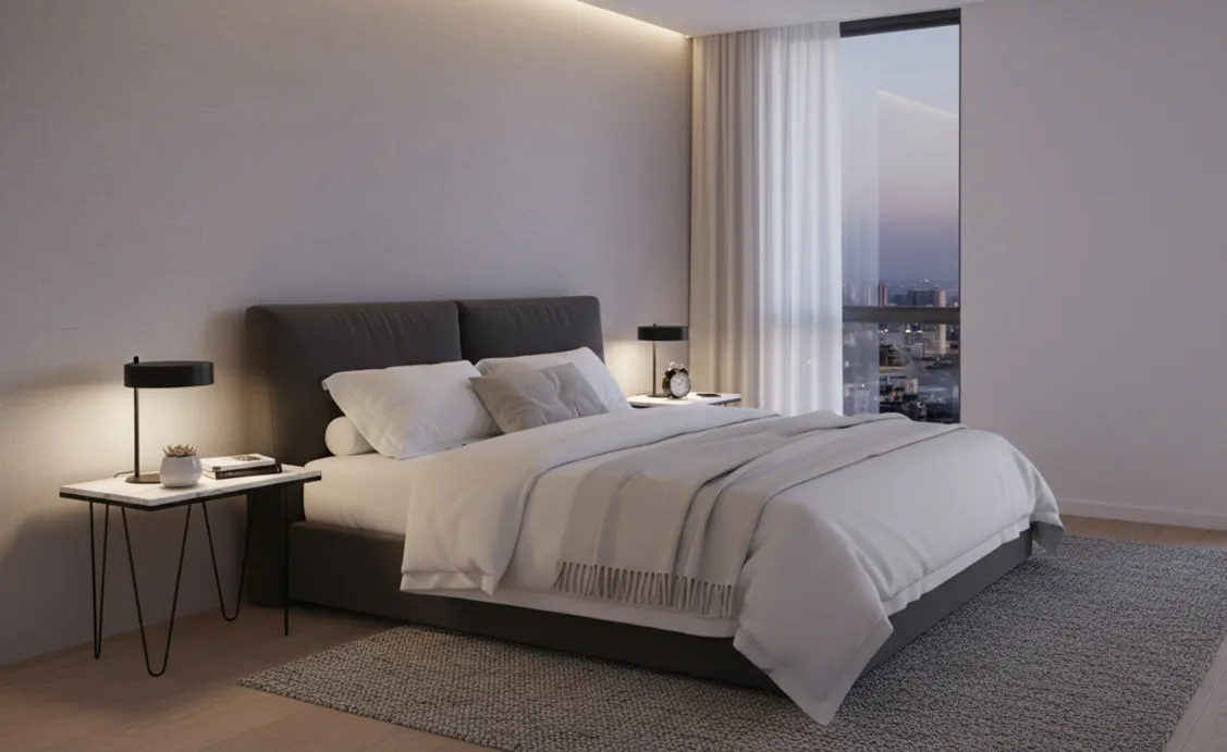 Mesa antigua de dormitorio, acompañada de sillas de jardín. Estilo moderno