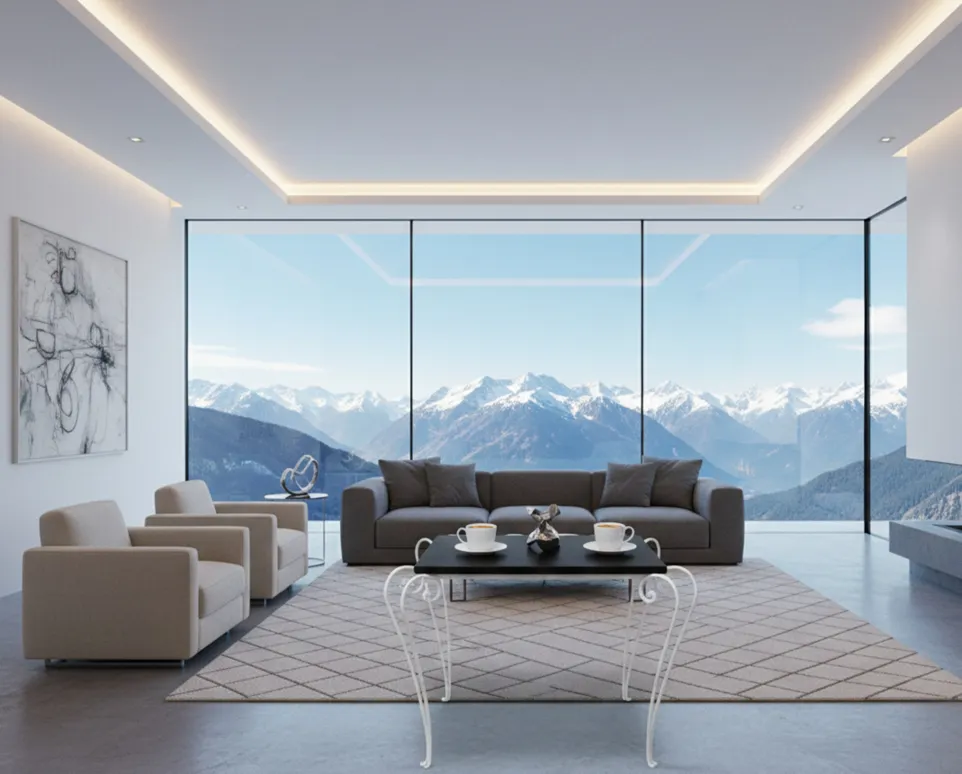 Antique table in modern garden with mountain view.