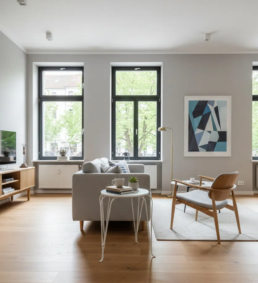 Antique garden table in a modern setting with large windows