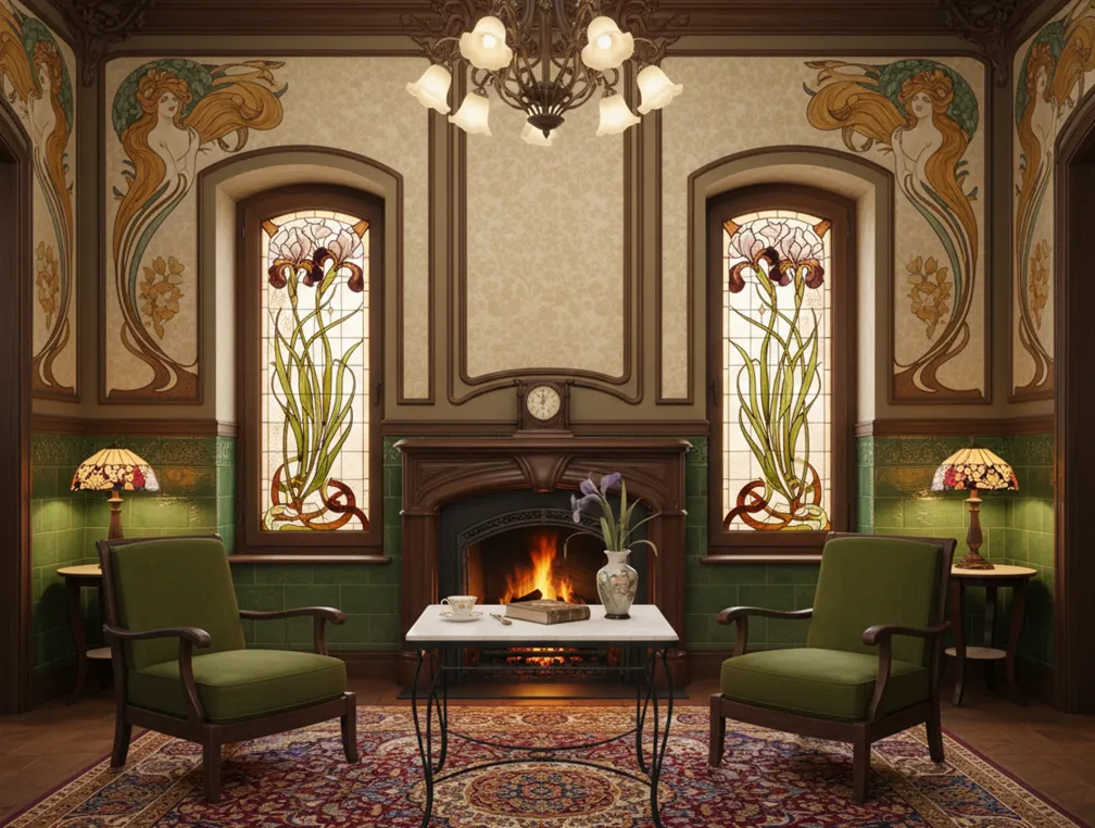 Antique table in a cozy setting with a fireplace.