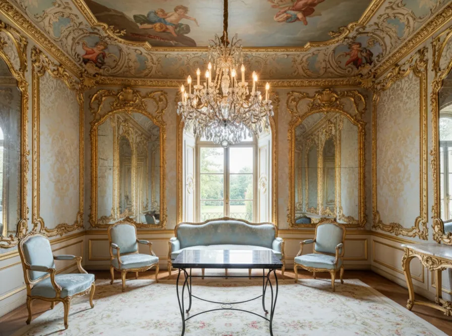 고대 테이블이 우아한 방에 정원 가구와 함께