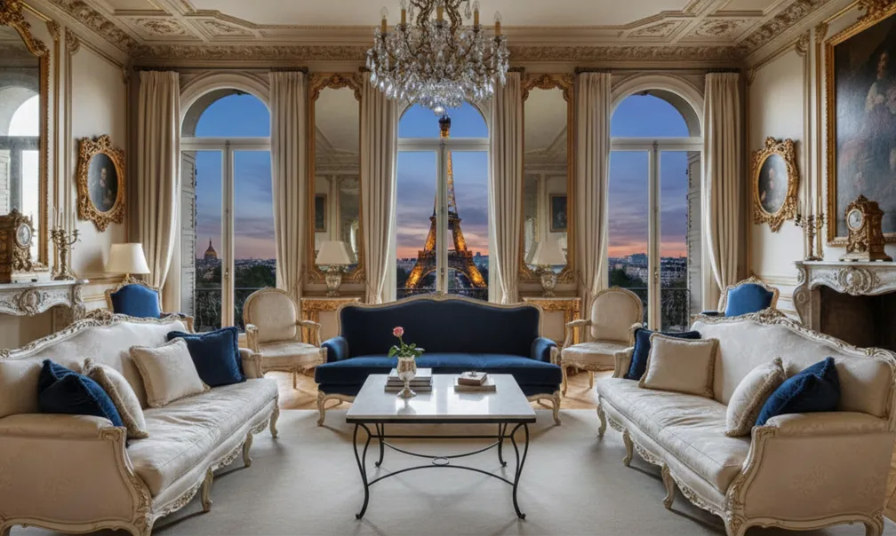 Tavolo antico da giardino, vista sulla Torre Eiffel, stanza elegante