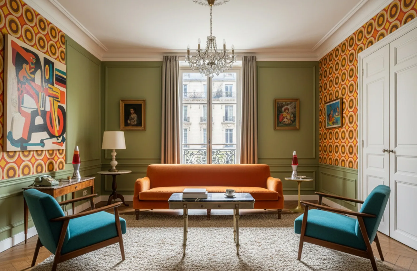 Antiker Tisch in einem Retro-Stil Raum mit Sofas und Bildern.