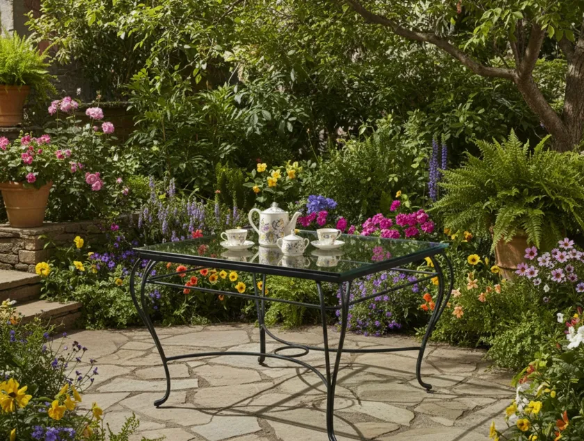 table ancienne dans un jardin avec des fleurs colorées