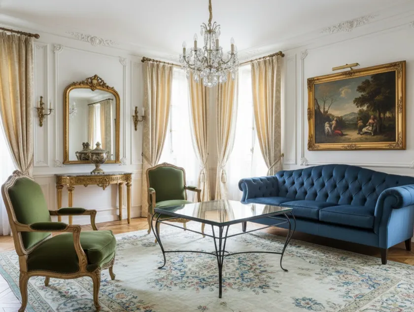 Antique table in an elegant setting with green chairs and classic decor.
