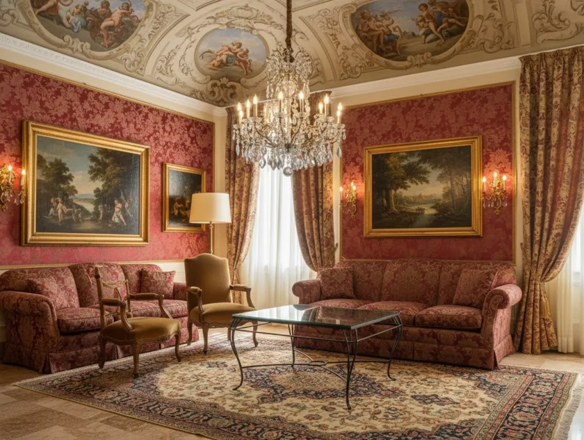 Tavolo antico decorativo in un ambiente classico, accanto a poltrone.