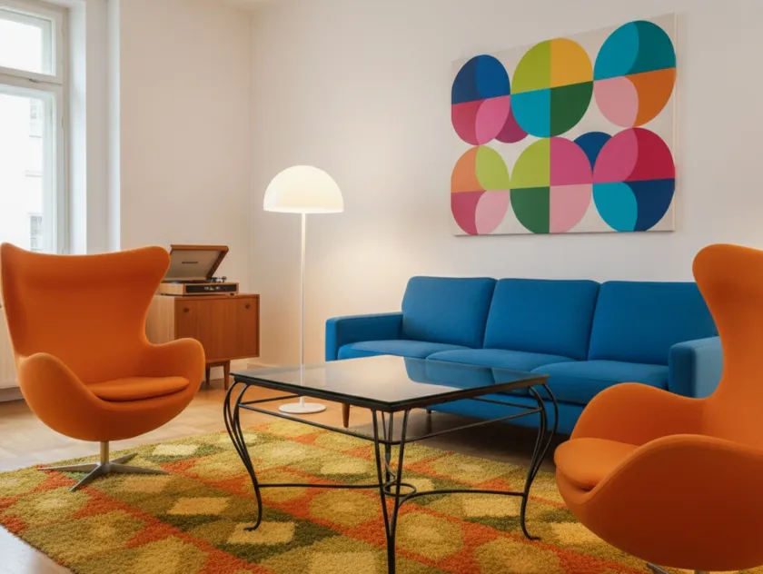 Mesa antigua de jardín con un diseño elegante y patas curvas, rodeada de sillones modernos.