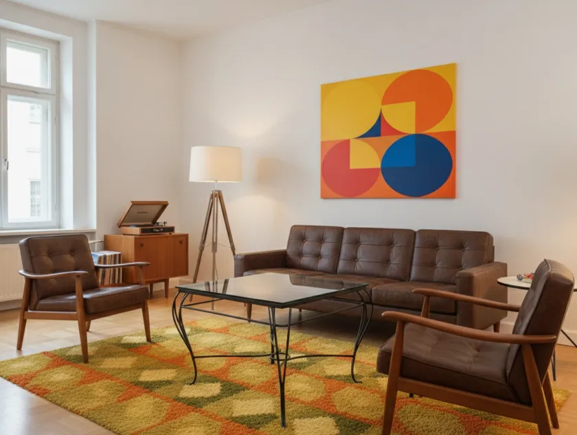antique table in a living room with sofa and lamp