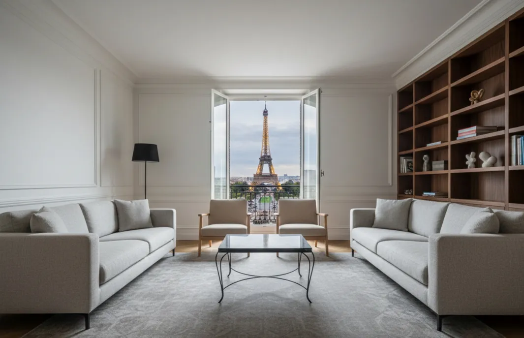 mesa antigua en un salón moderno con vista al jardín