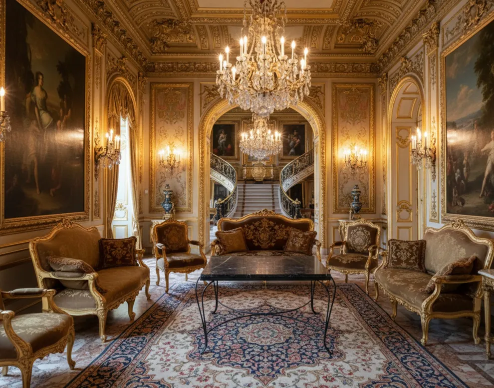 tavolo antico in salone elegante con mobili da giardino