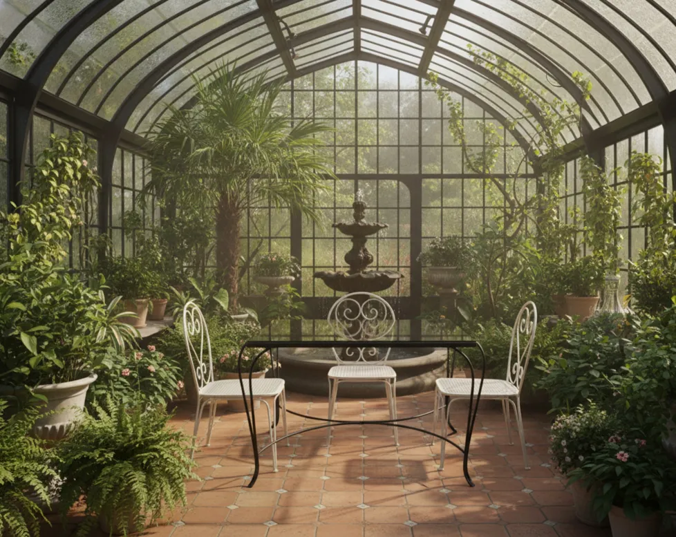 Antique table in a greenhouse surrounded by green plants and pots