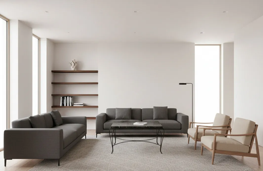 mesa antigua en un ambiente moderno con sillones