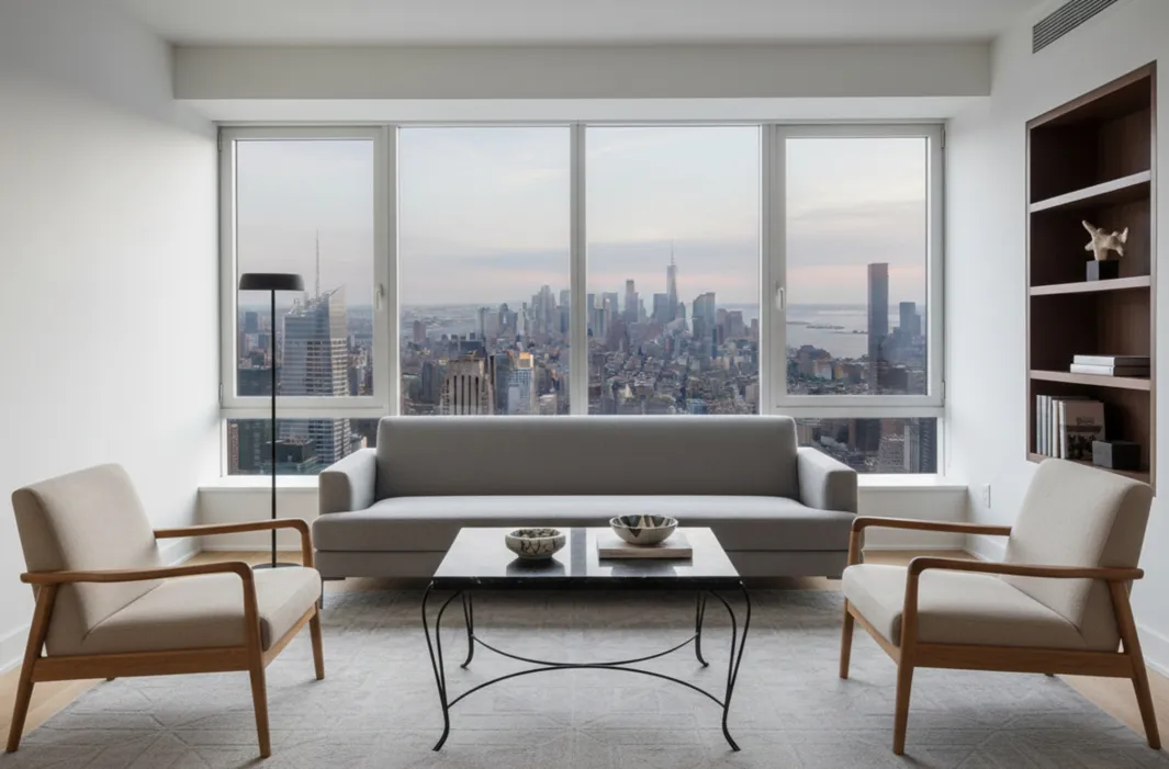 Mesa antigua en sala moderna con vista a la ciudad.