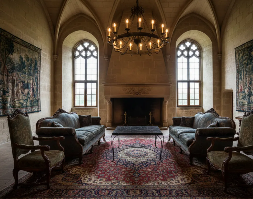 고대 테이블이 장식 의자와 함께 우아한 정원 환경에 놓여 있습니다。