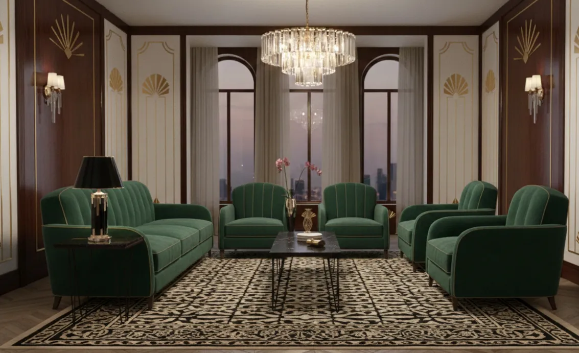 antique table in an elegant living room with green chairs